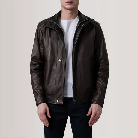 Men's Black and Brown Leather Bomber Jacket