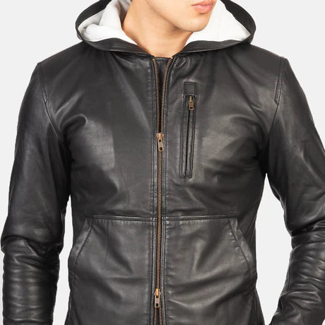 Baston Green Hooded Leather Bomber Jacket