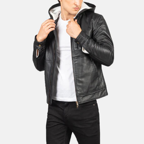 Baston Green Hooded Leather Bomber Jacket