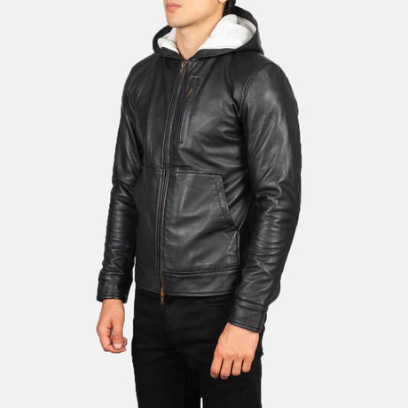 Baston Green Hooded Leather Bomber Jacket