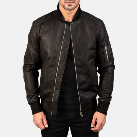 Bomia Ma-1 Black Leather Bomber Jacket