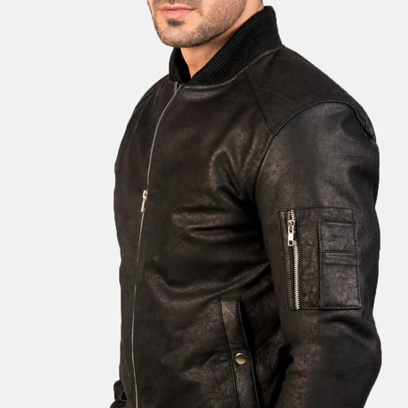 Men's Black Leather MA-1 Bomber Jacket