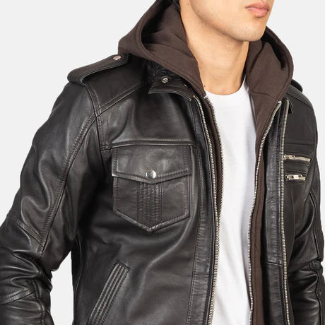 Bravado Black Hooded Leather Bomber Jacket
