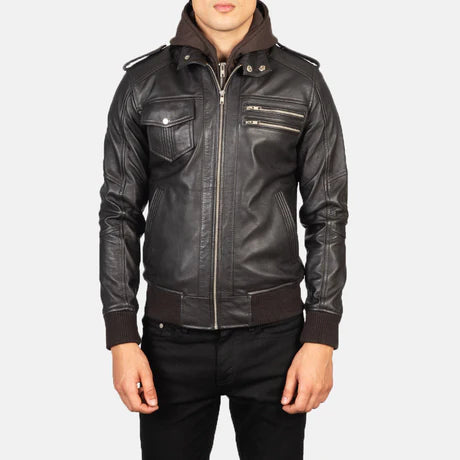 Bravado Black Hooded Leather Bomber Jacket