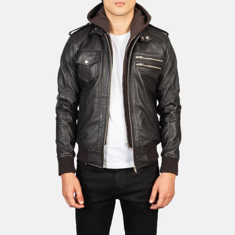 Bravado Black Hooded Leather Bomber Jacket