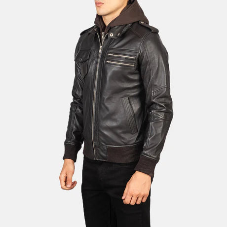 Bravado Black Hooded Leather Bomber Jacket