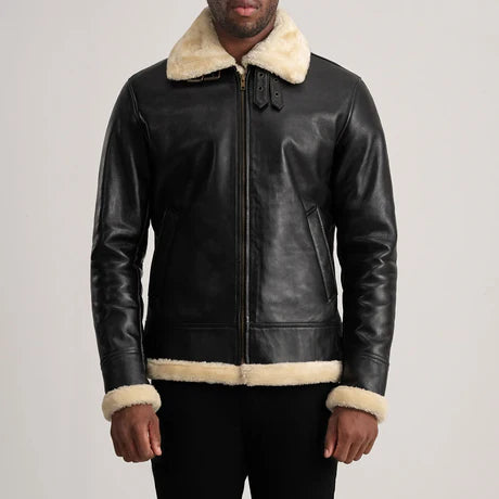 Men's Black Genuine Shearling Bomber Leather Aviator B3 Jacket