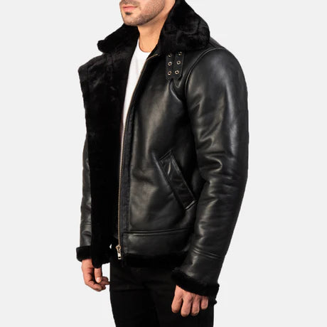 Men's Black Genuine Shearling Bomber Leather Aviator B3 Jacket
