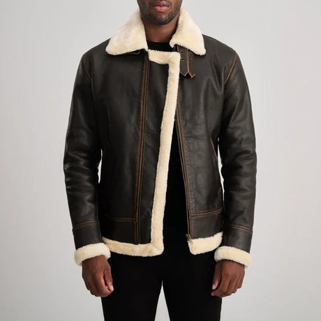 Men's Black Genuine Shearling Bomber Leather Aviator B3 Jacket