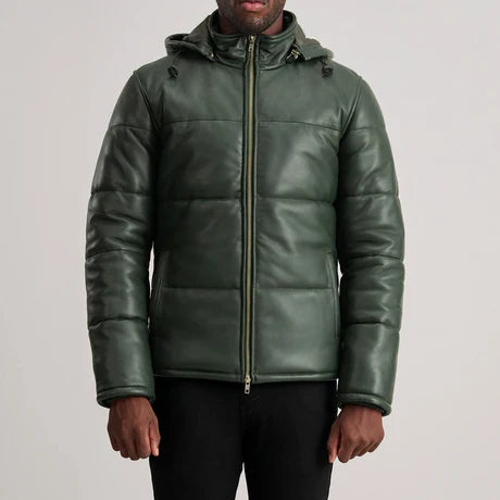 Gordon Black Hooded Leather Puffer Jacket