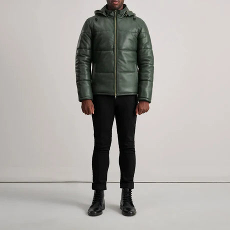 Gordon Black Hooded Leather Puffer Jacket