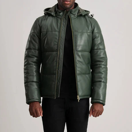 Gordon Black Hooded Leather Puffer Jacket