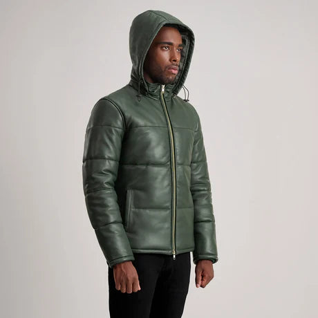 Gordon Black Hooded Leather Puffer Jacket