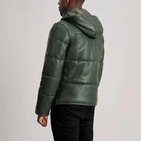 Gordon Black Hooded Leather Puffer Jacket