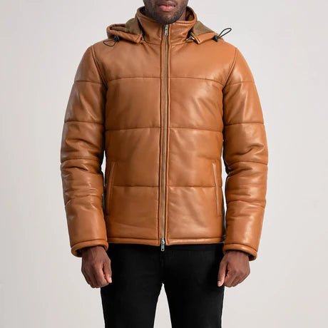 Gordon Black Hooded Leather Puffer Jacket