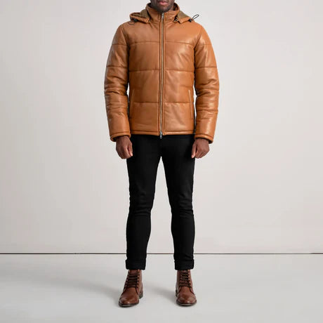 Gordon Black Hooded Leather Puffer Jacket