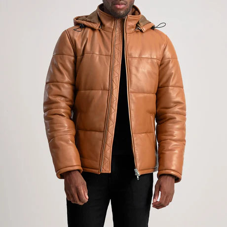 Gordon Black Hooded Leather Puffer Jacket