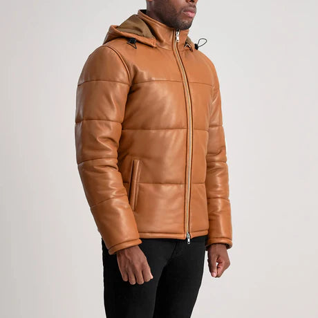 Gordon Black Hooded Leather Puffer Jacket