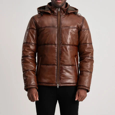 Gordon Black Hooded Leather Puffer Jacket