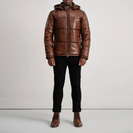 Gordon Black Hooded Leather Puffer Jacket