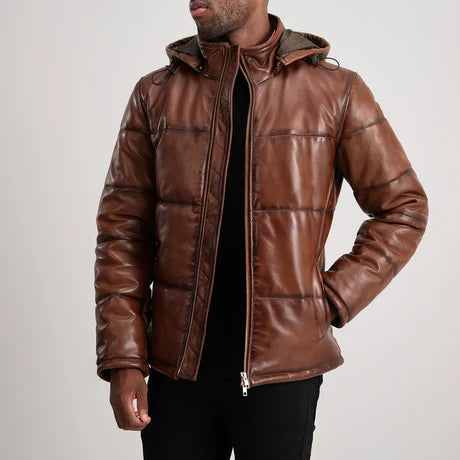 Gordon Black Hooded Leather Puffer Jacket