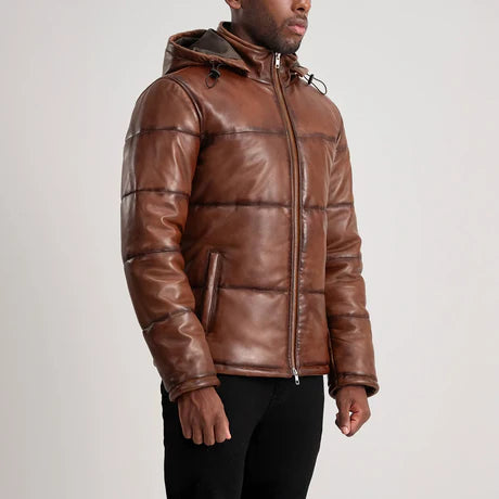Gordon Black Hooded Leather Puffer Jacket