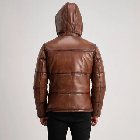 Gordon Black Hooded Leather Puffer Jacket
