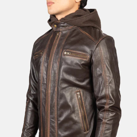 Hector Black Hooded Leather Biker Jacket