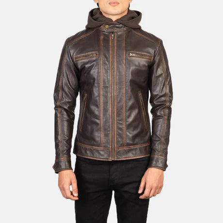 Hector Black Hooded Leather Biker Jacket