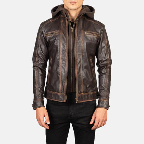 Hector Black Hooded Leather Biker Jacket