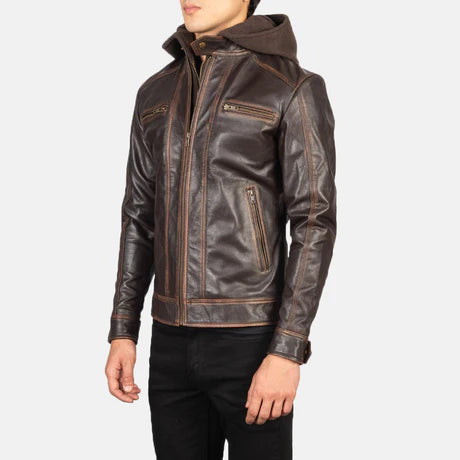 Hector Black Hooded Leather Biker Jacket