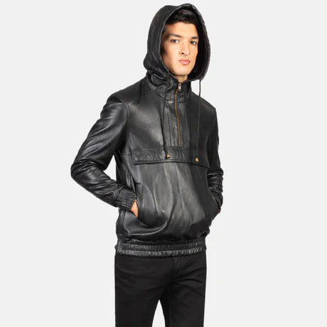 Kenton Hooded Brown Leather Pullover Jacket