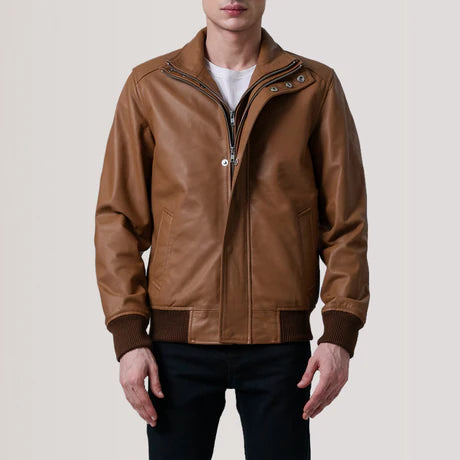 Lester Tan Leather Bomber Jacket