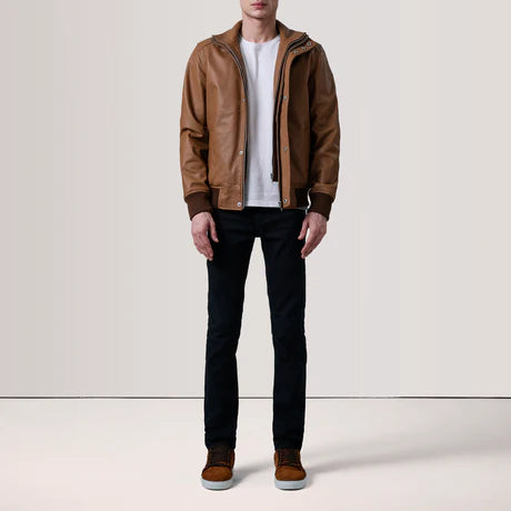 Lester Tan Leather Bomber Jacket