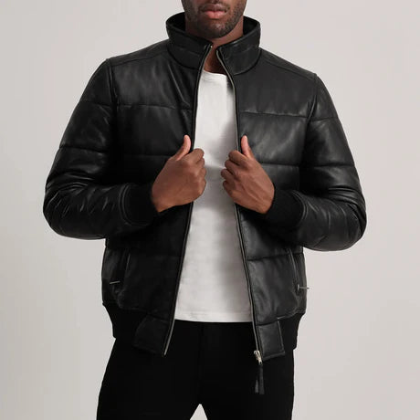 Lucas Black Leather Puffer Bomber Jacket