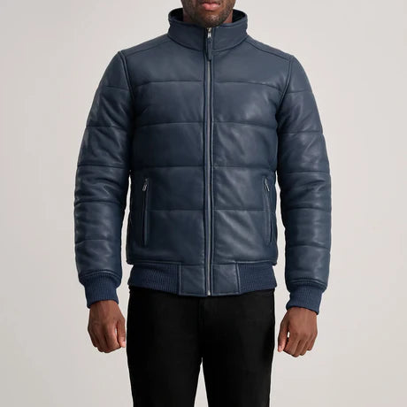 Lucas Black Leather Puffer Bomber Jacket
