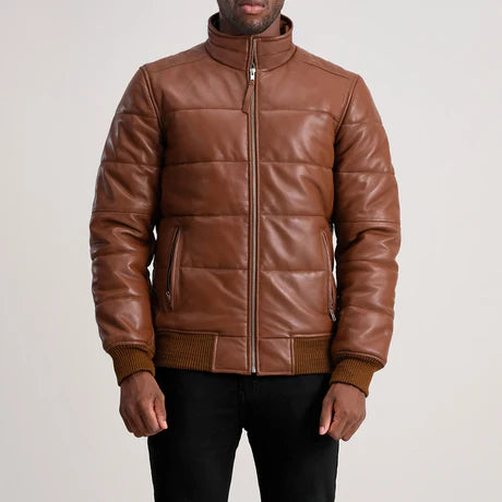Lucas Black Leather Puffer Bomber Jacket