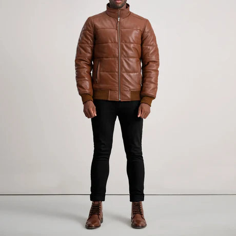 Lucas Black Leather Puffer Bomber Jacket