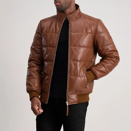 Lucas Black Leather Puffer Bomber Jacket