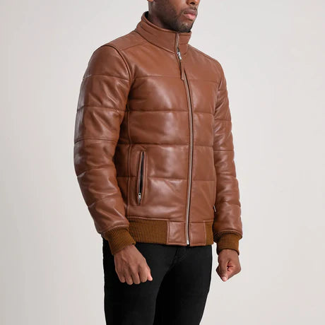 Lucas Black Leather Puffer Bomber Jacket