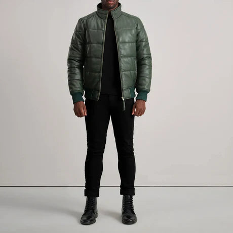 Lucas Black Leather Puffer Bomber Jacket