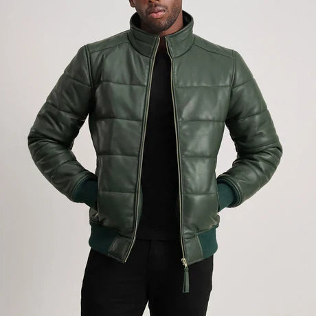 Lucas Black Leather Puffer Bomber Jacket