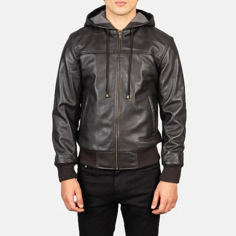 Nintenzo Black Hooded Leather Bomber Jacket
