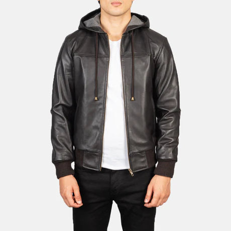 Nintenzo Black Hooded Leather Bomber Jacket