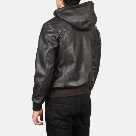 Nintenzo Black Hooded Leather Bomber Jacket