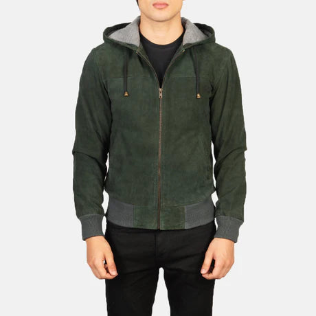 Nintenzo Black Hooded Leather Bomber Jacket