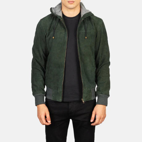 Nintenzo Black Hooded Leather Bomber Jacket