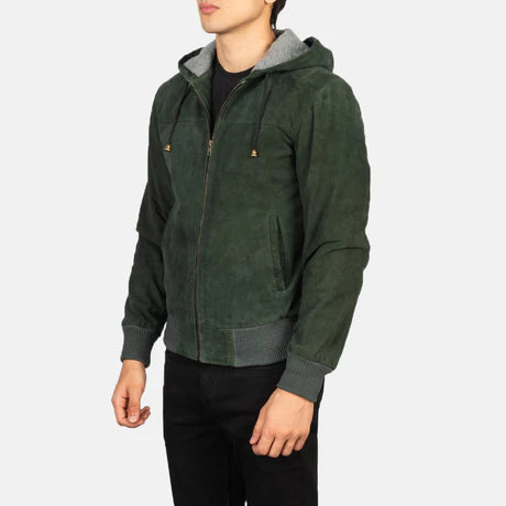 Nintenzo Black Hooded Leather Bomber Jacket
