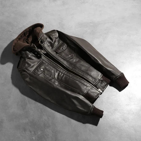 Brown Hooded Leather Bomber Jacket