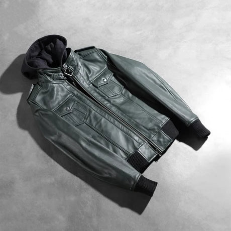Dark Green Hooded Leather Bomber Jacket